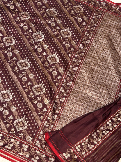 Burgundy with Beige Design Pure Banarasi Ektara Jamdani Silk Handwoven Saree