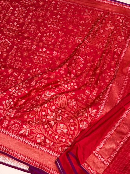 Red Pure Banarasi Ektara Jamdani Silk Handwoven Saree