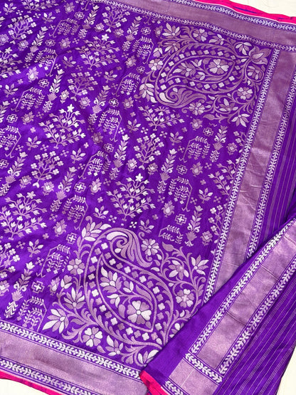 Purple Pure Banarasi Ektara Jamdani Silk Handwoven Saree