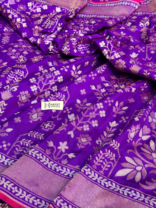 Purple Pure Banarasi Ektara Jamdani Silk Handwoven Saree