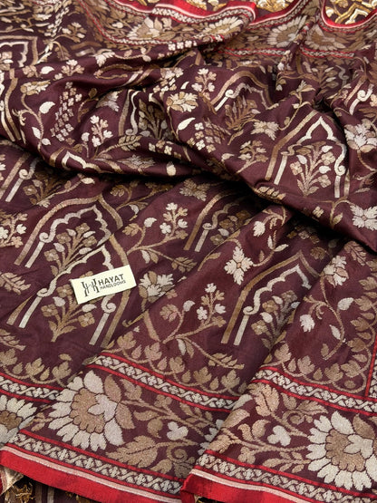 Burgundy with Beige Pure Banarasi Ektara Jamdani Silk Handwoven Saree