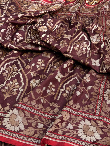 Burgundy with Beige Pure Banarasi Ektara Jamdani Silk Handwoven Saree