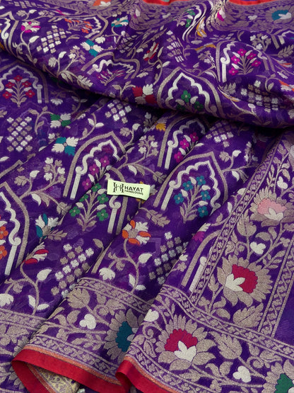 Purple Banarasi Kora Jamdani Silk Handwoven Saree