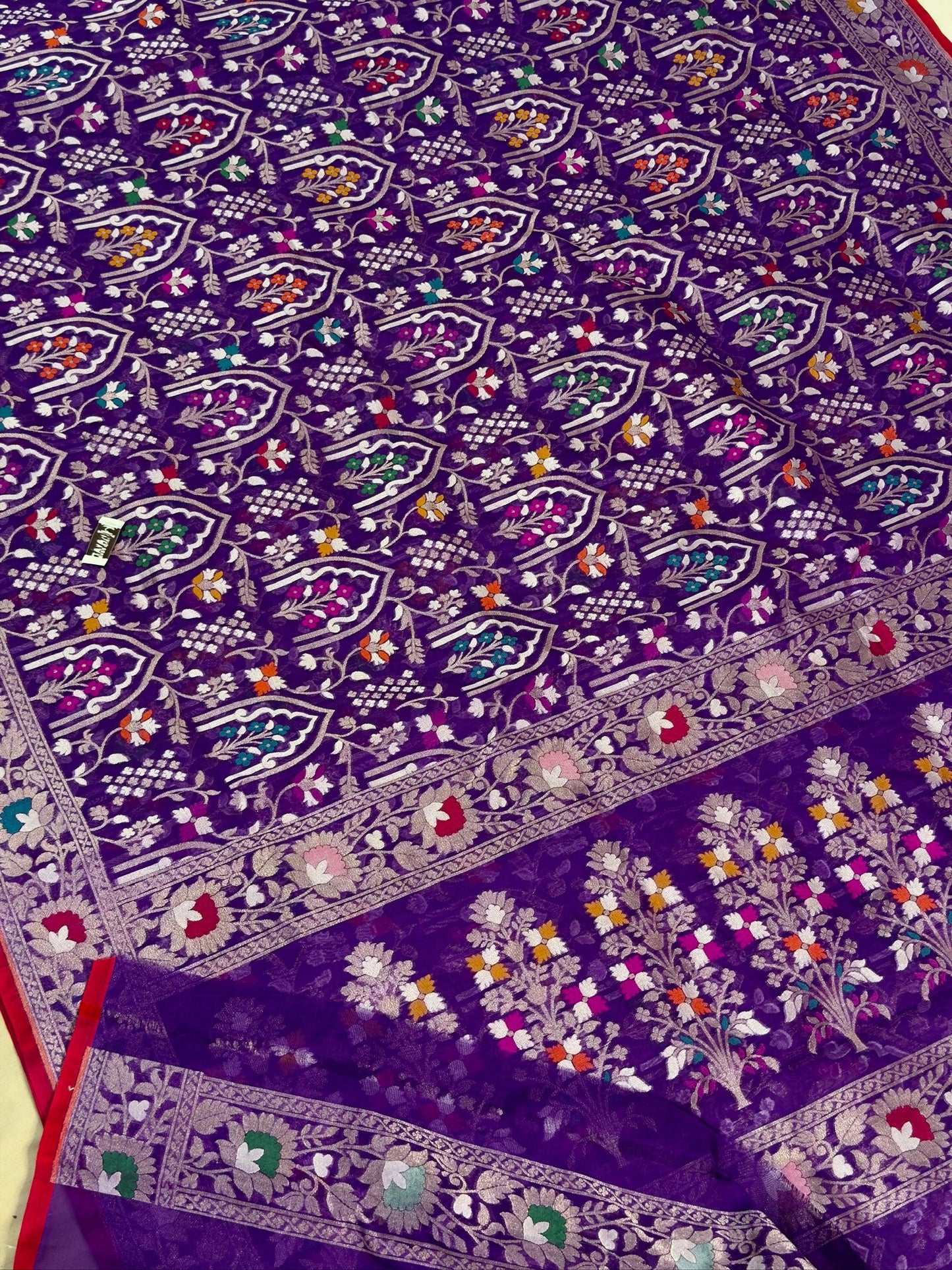 Purple Banarasi Kora Jamdani Silk Handwoven Saree