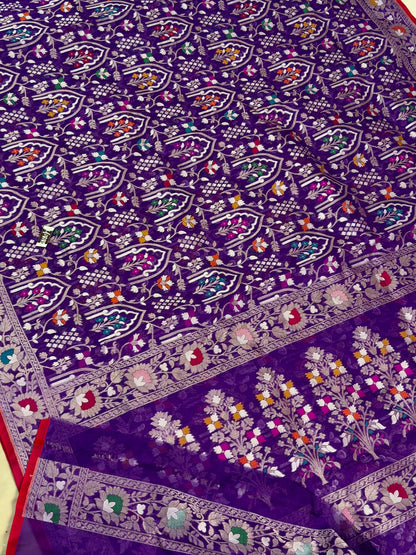 Purple Banarasi Kora Jamdani Silk Handwoven Saree