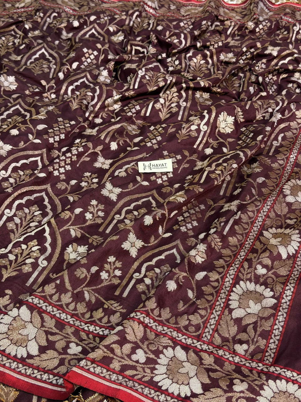 Burgundy with Beige Pure Banarasi Ektara Jamdani Silk Handwoven Saree