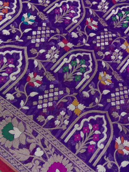 Purple Banarasi Kora Jamdani Silk Handwoven Saree