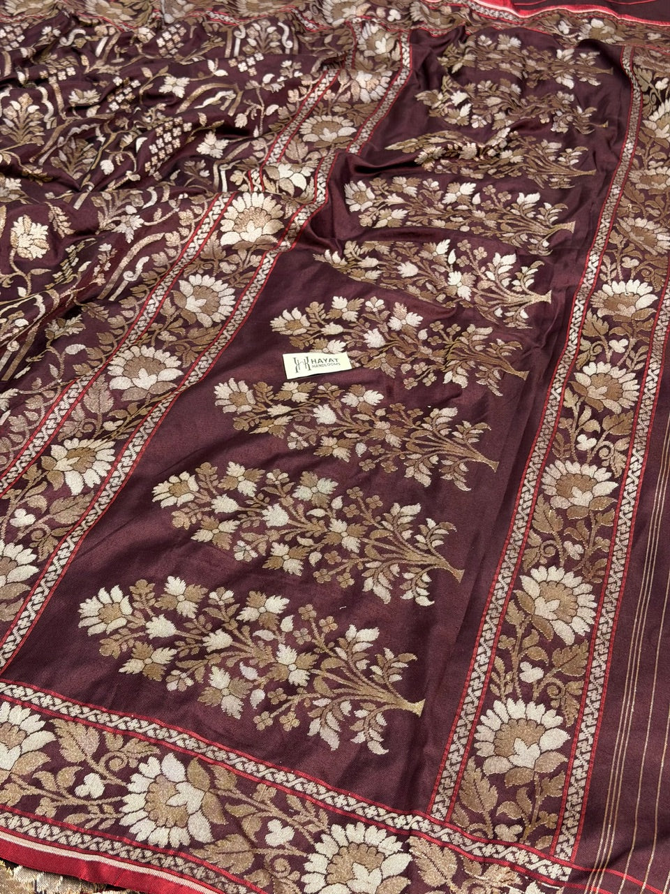 Burgundy with Beige Pure Banarasi Ektara Jamdani Silk Handwoven Saree