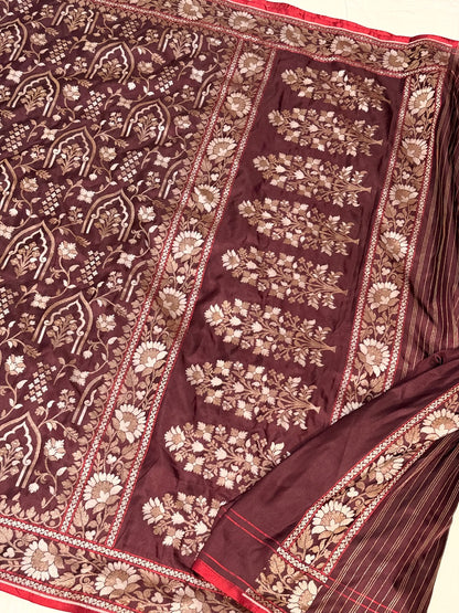 Burgundy with Beige Pure Banarasi Ektara Jamdani Silk Handwoven Saree