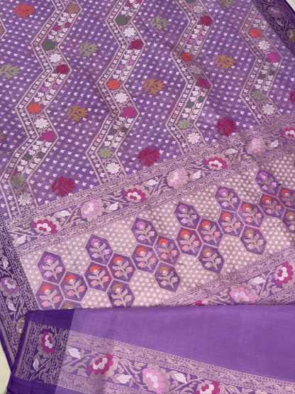 Lavender Banarasi Kora Jamdani Silk Handwoven Saree Contrast Border