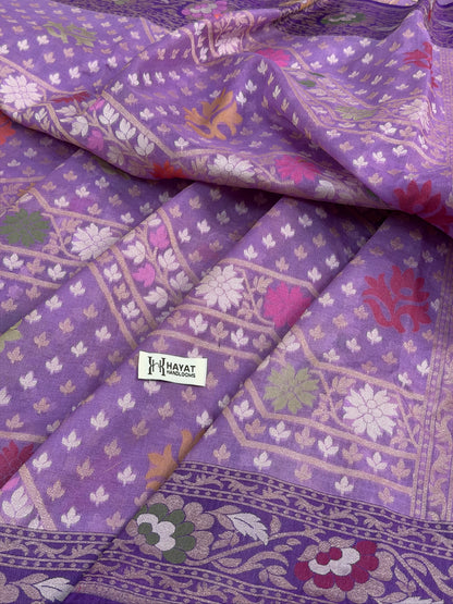 Lavender Banarasi Kora Jamdani Silk Handwoven Saree Contrast Border
