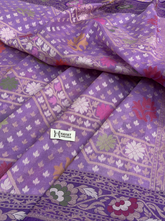 Lavender Banarasi Kora Jamdani Silk Handwoven Saree Contrast Border
