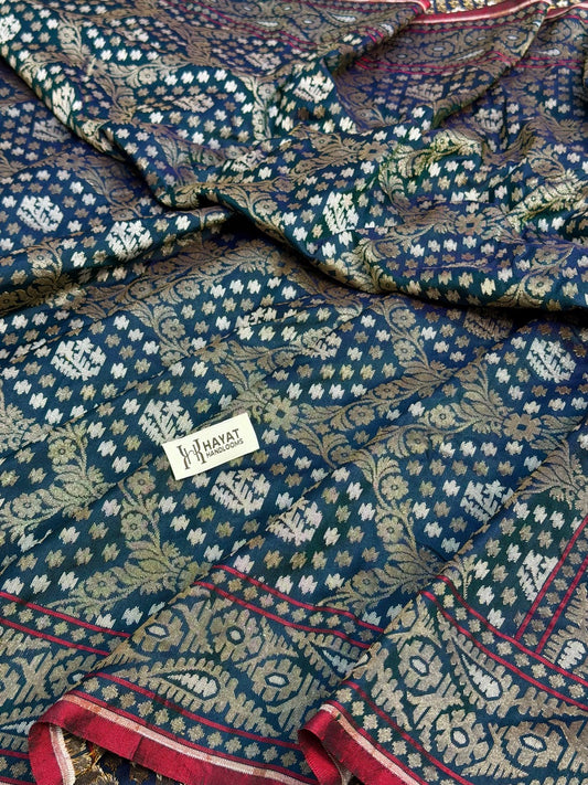 Teal Blue Pure Banarasi Ektara Jamdani Silk Handwoven Saree