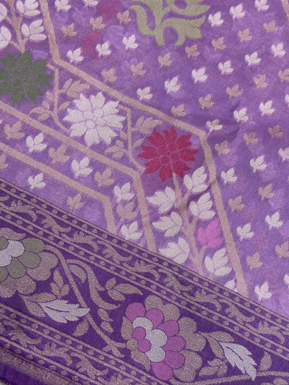 Lavender Banarasi Kora Jamdani Silk Handwoven Saree Contrast Border