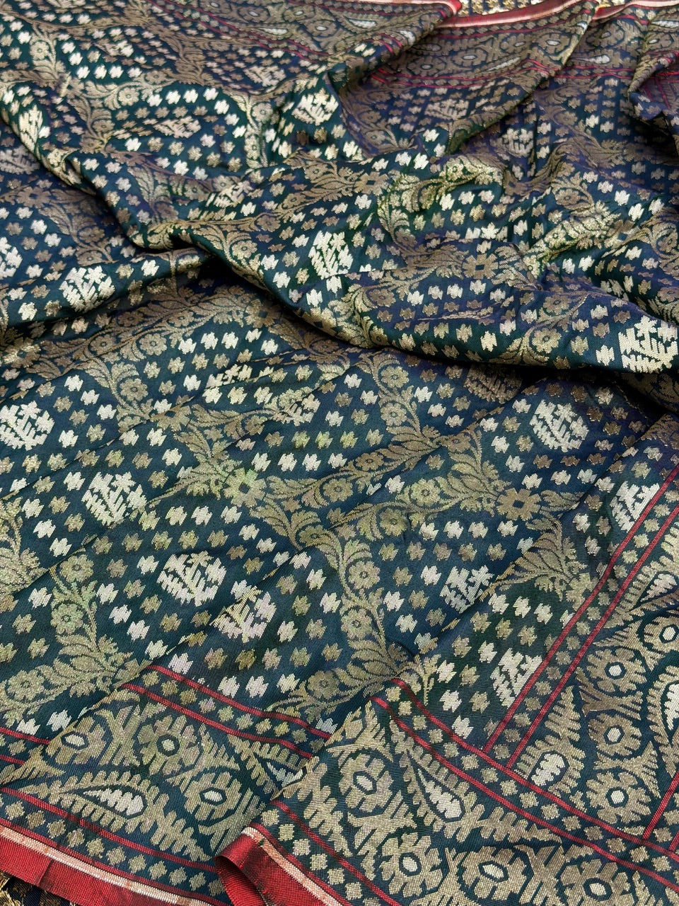 Teal Blue Pure Banarasi Ektara Jamdani Silk Handwoven Saree