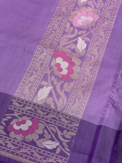 Lavender Banarasi Kora Jamdani Silk Handwoven Saree Contrast Border