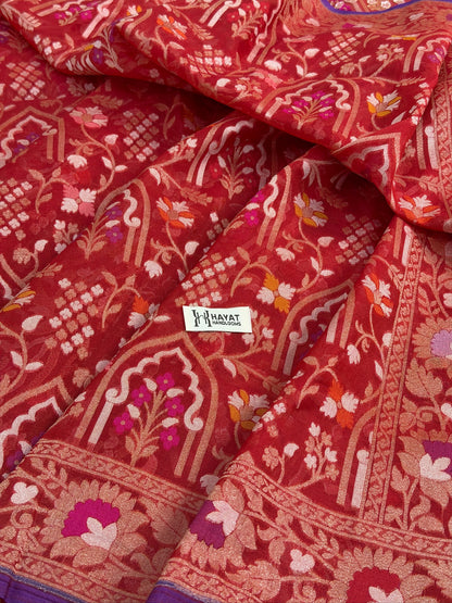 Red Banarasi Kora Jamdani Silk Handwoven Saree