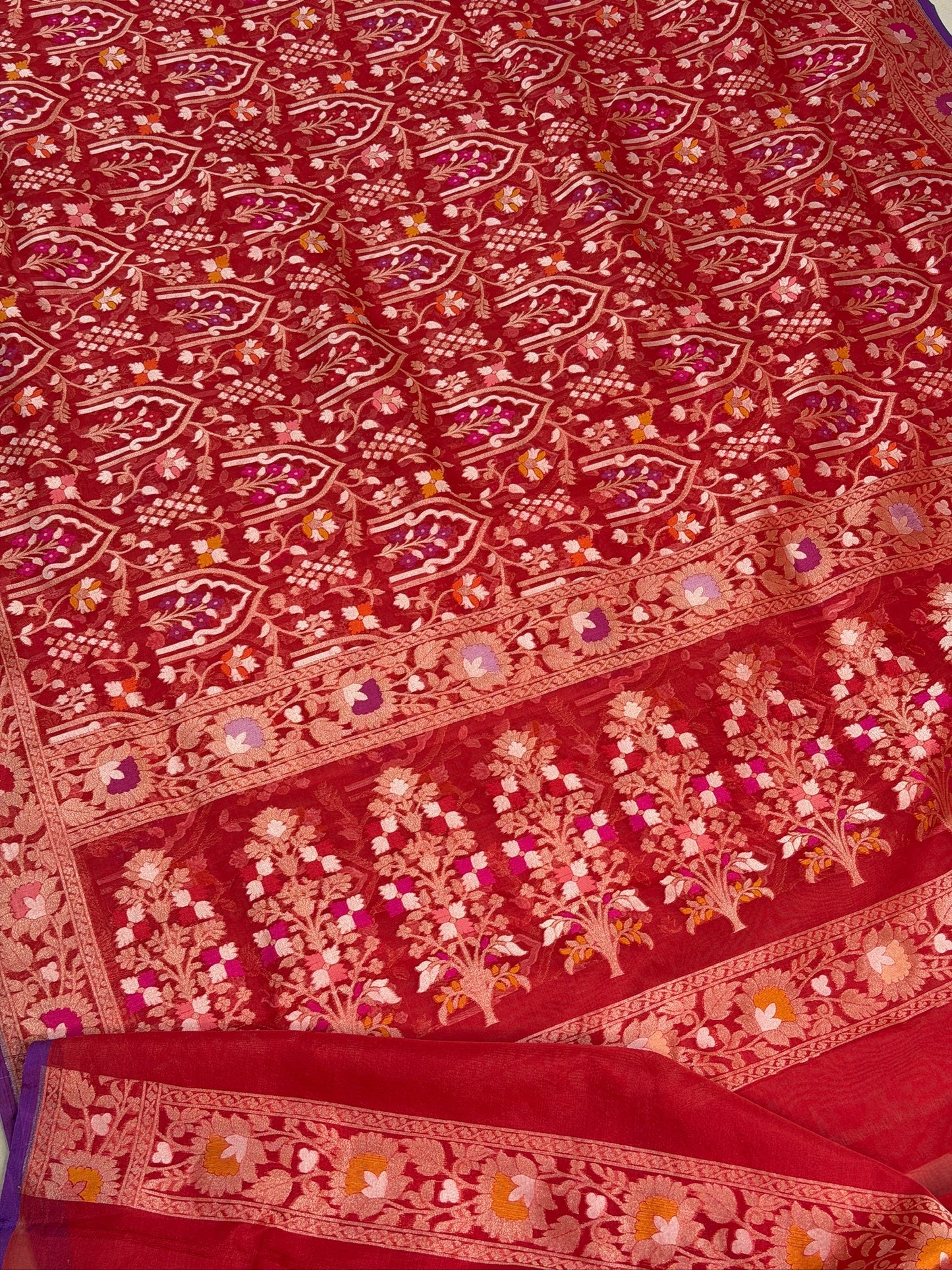 Red Banarasi Kora Jamdani Silk Handwoven Saree