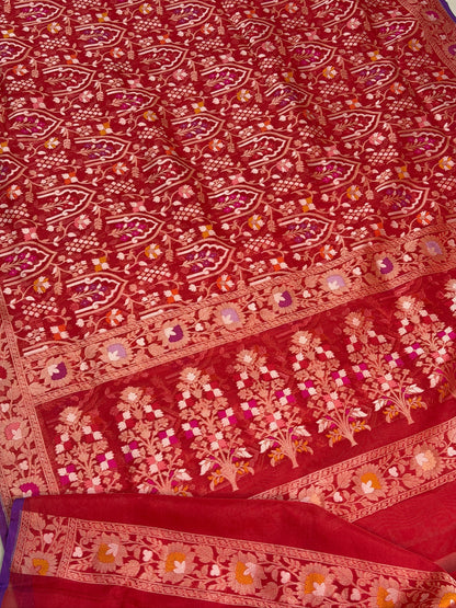 Red Banarasi Kora Jamdani Silk Handwoven Saree