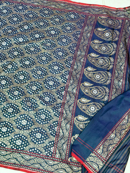 Teal Blue Pure Banarasi Ektara Jamdani Silk Handwoven Saree