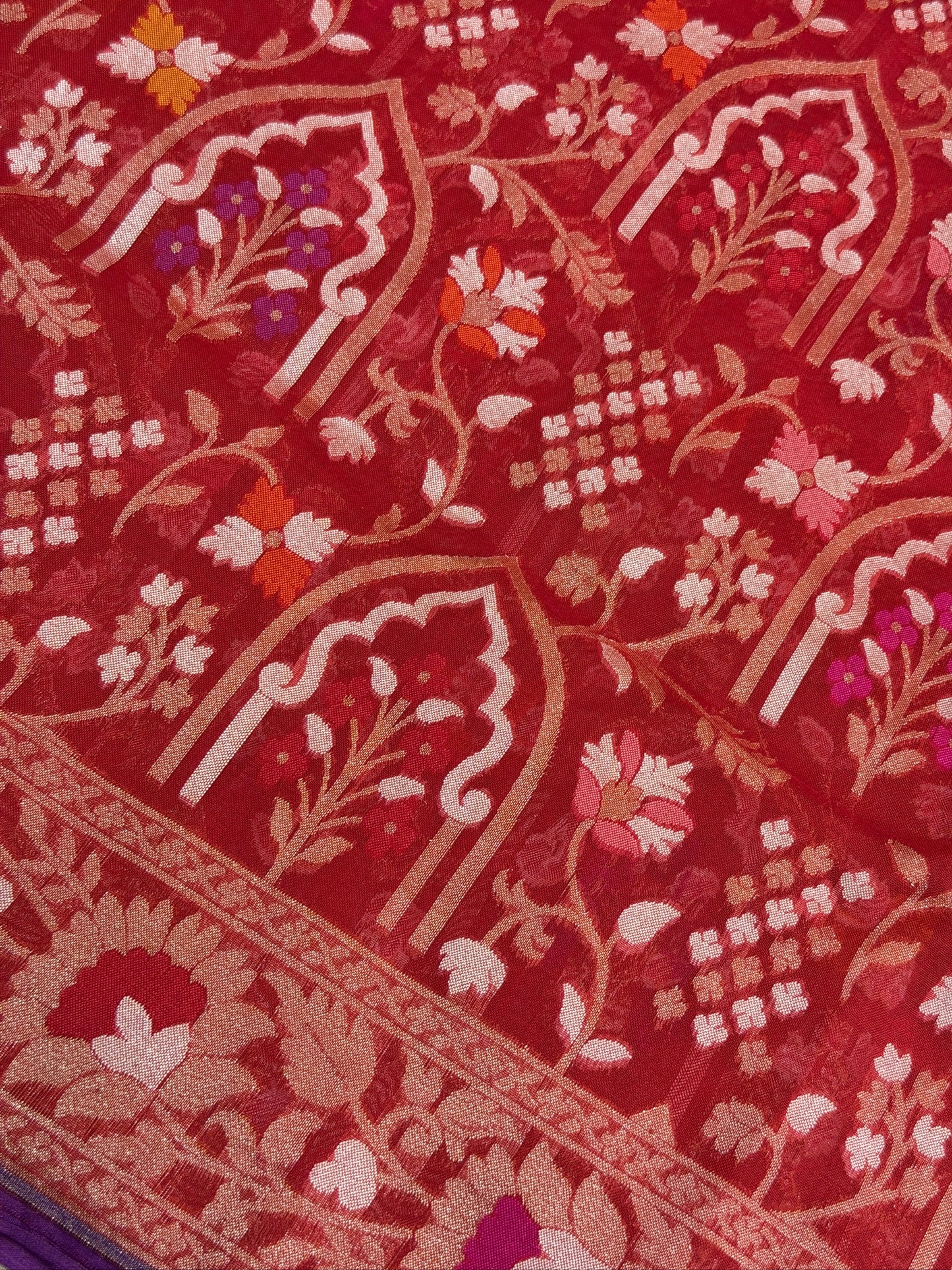Red Banarasi Kora Jamdani Silk Handwoven Saree
