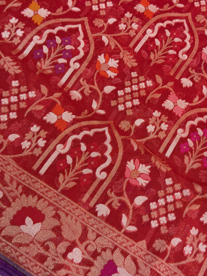 Red Banarasi Kora Jamdani Silk Handwoven Saree