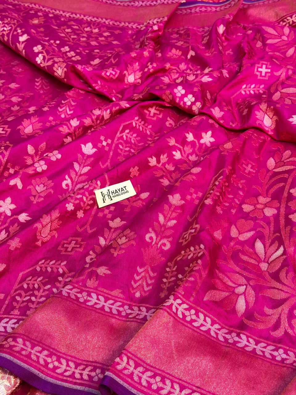Bright Pink Pure Banarasi Ektara Jamdani Silk Handwoven Saree