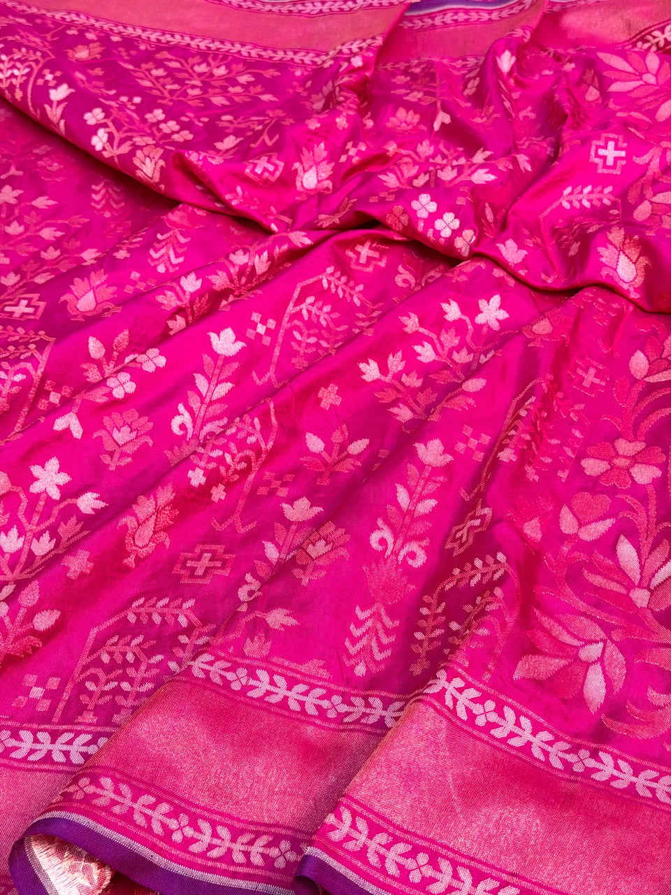 Bright Pink Pure Banarasi Ektara Jamdani Silk Handwoven Saree