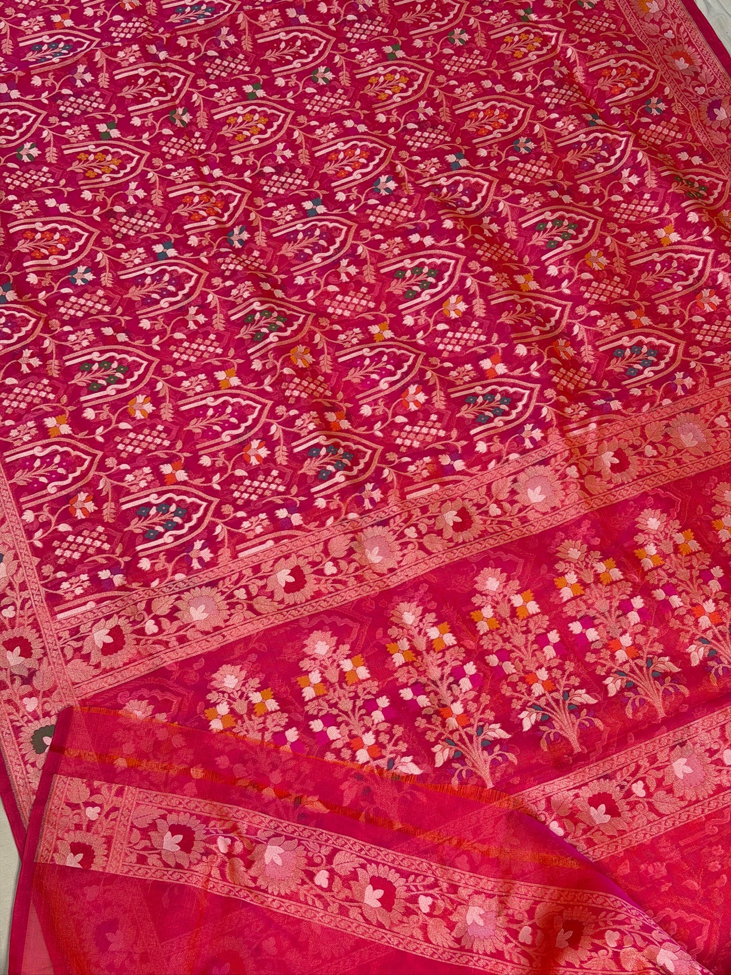 RedishPink  Banarasi Kora Jamdani Silk Handwoven Saree
