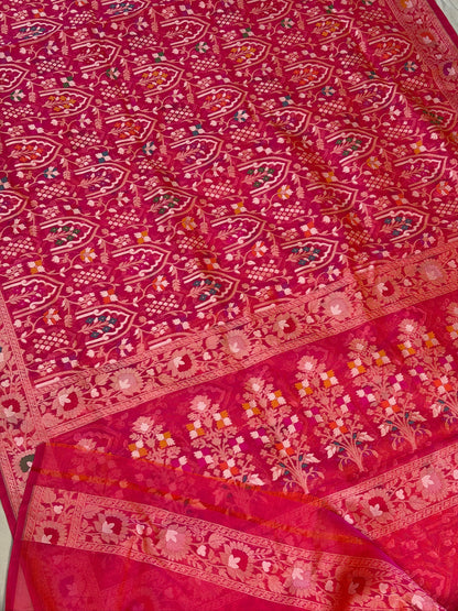 RedishPink  Banarasi Kora Jamdani Silk Handwoven Saree