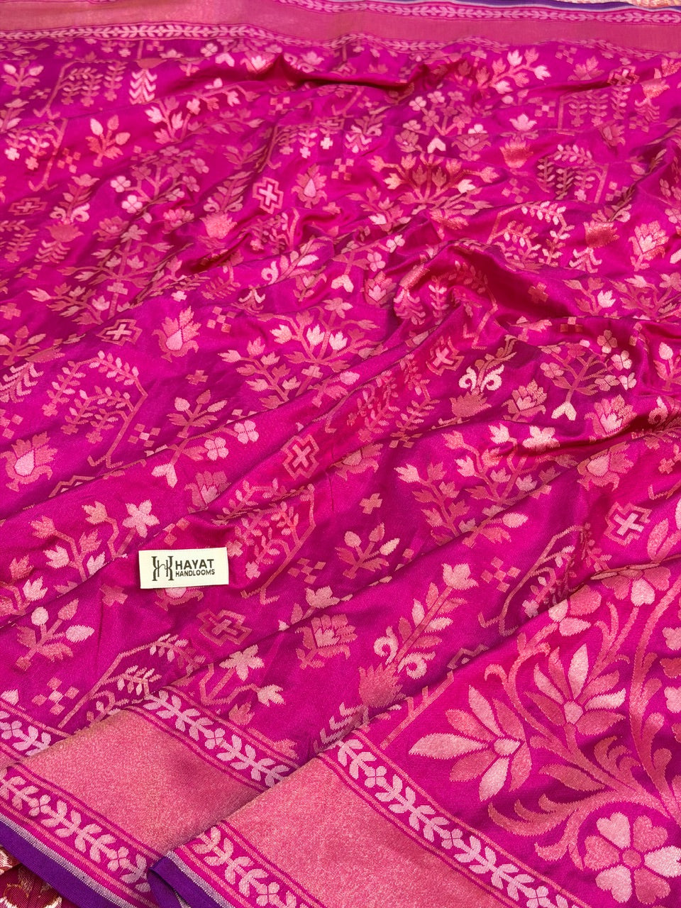 Bright Pink Pure Banarasi Ektara Jamdani Silk Handwoven Saree