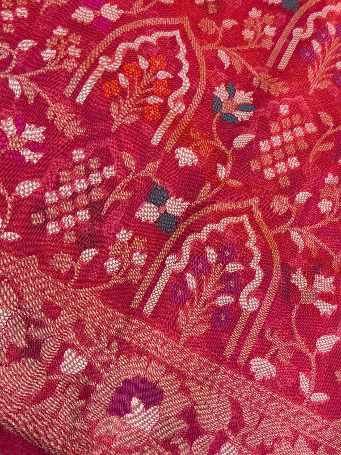 RedishPink  Banarasi Kora Jamdani Silk Handwoven Saree