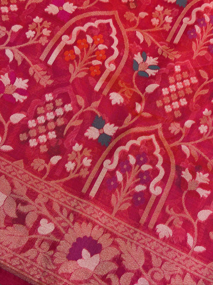 RedishPink  Banarasi Kora Jamdani Silk Handwoven Saree