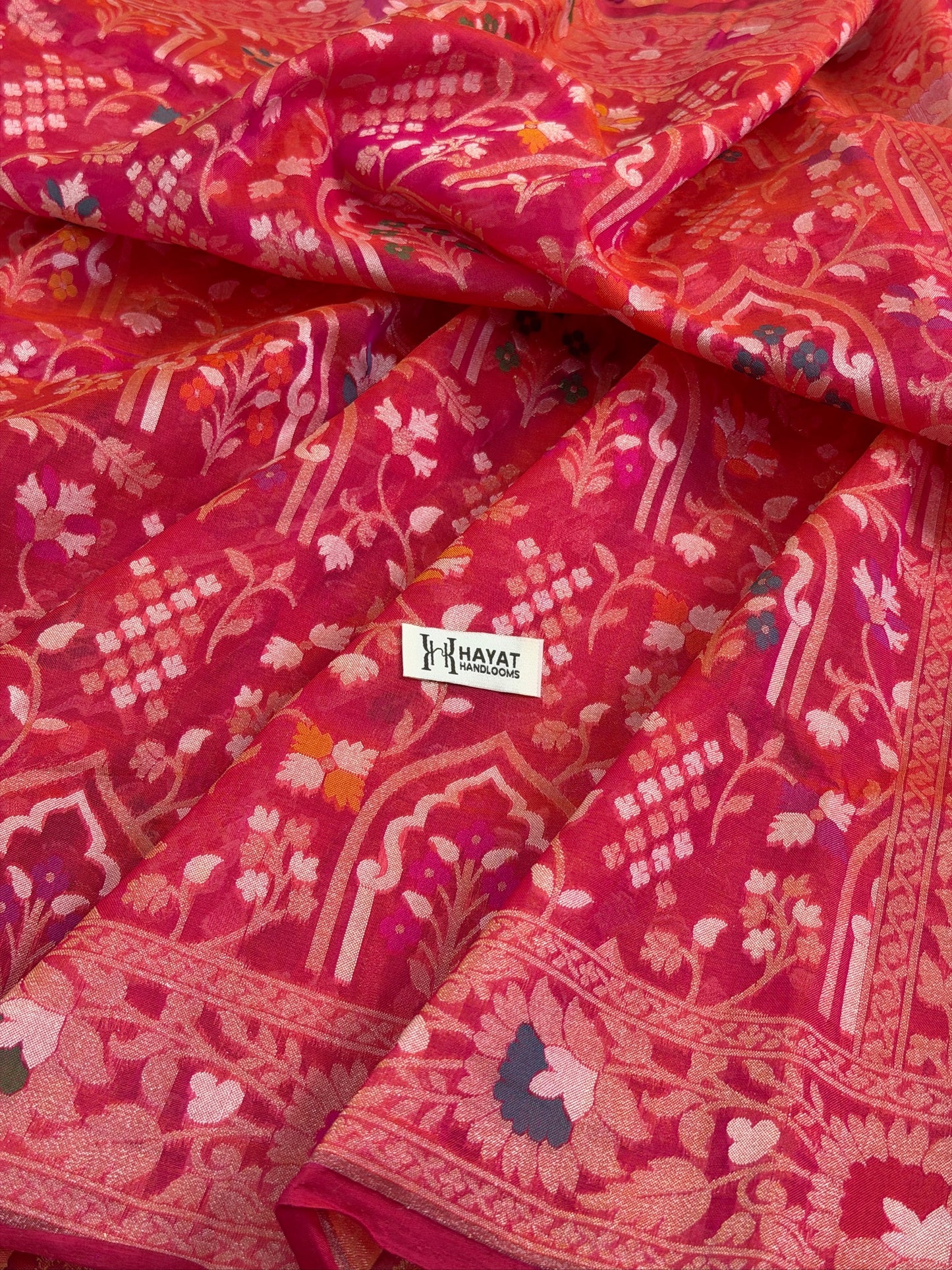 RedishPink  Banarasi Kora Jamdani Silk Handwoven Saree