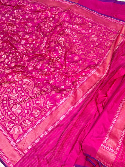 Bright Pink Pure Banarasi Ektara Jamdani Silk Handwoven Saree