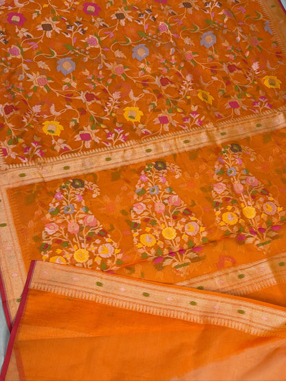 Orange Banarasi Kora Jamdani Silk Handwoven Saree