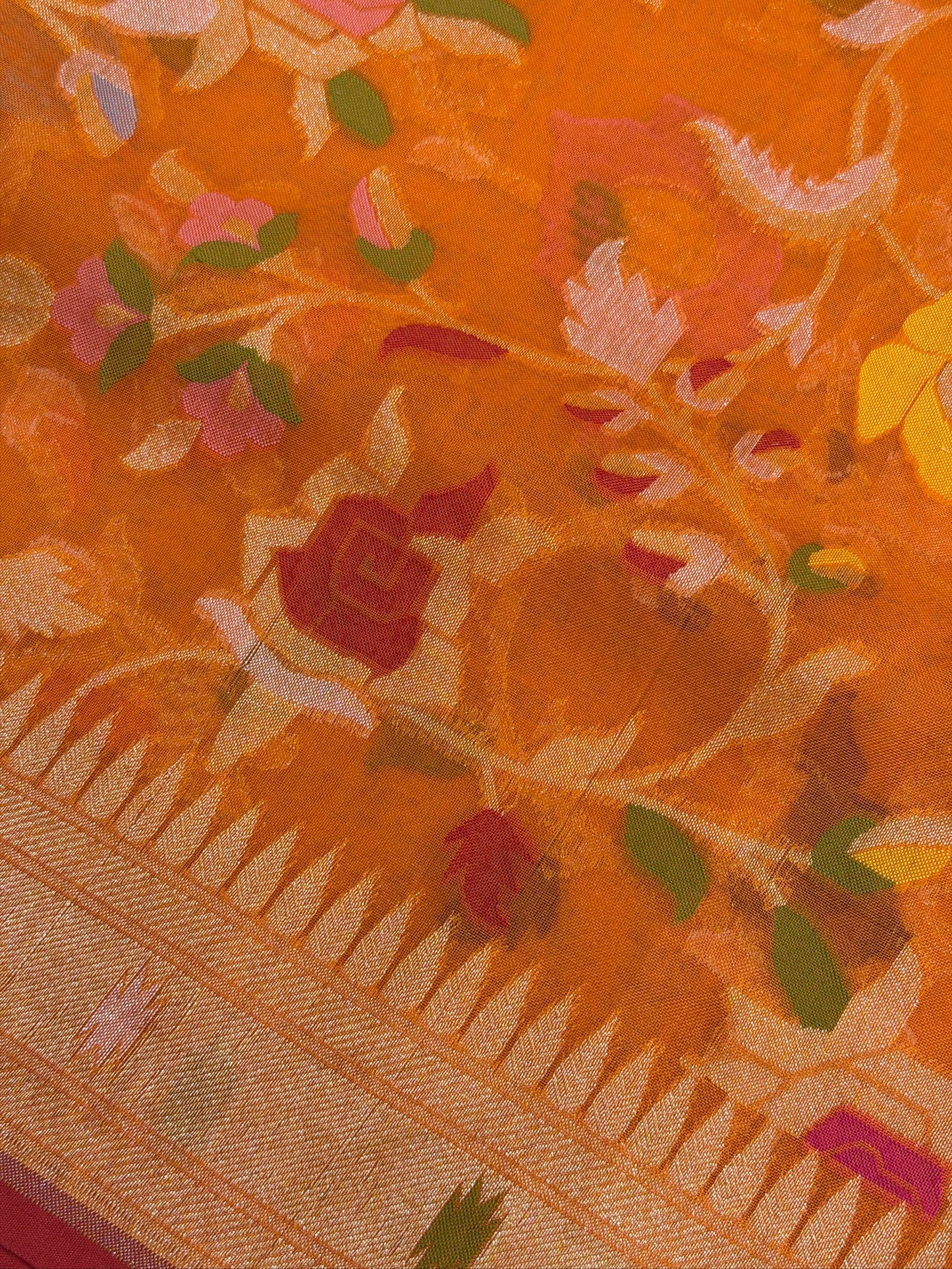 Orange Banarasi Kora Jamdani Silk Handwoven Saree