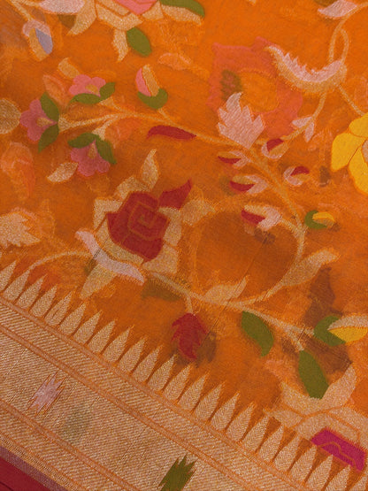 Orange Banarasi Kora Jamdani Silk Handwoven Saree