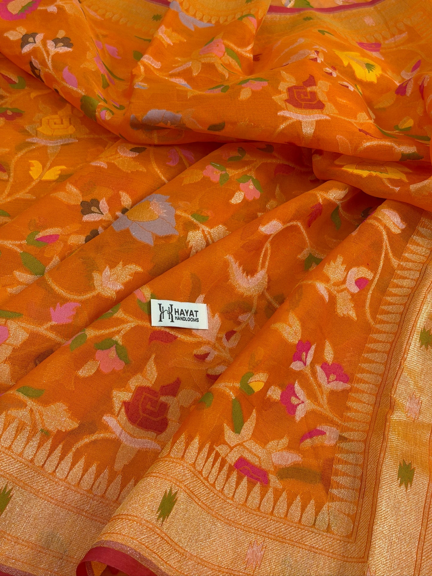 Orange Banarasi Kora Jamdani Silk Handwoven Saree