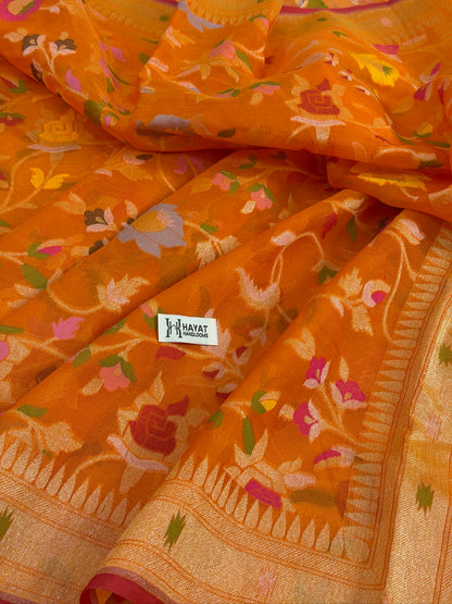 Orange Banarasi Kora Jamdani Silk Handwoven Saree