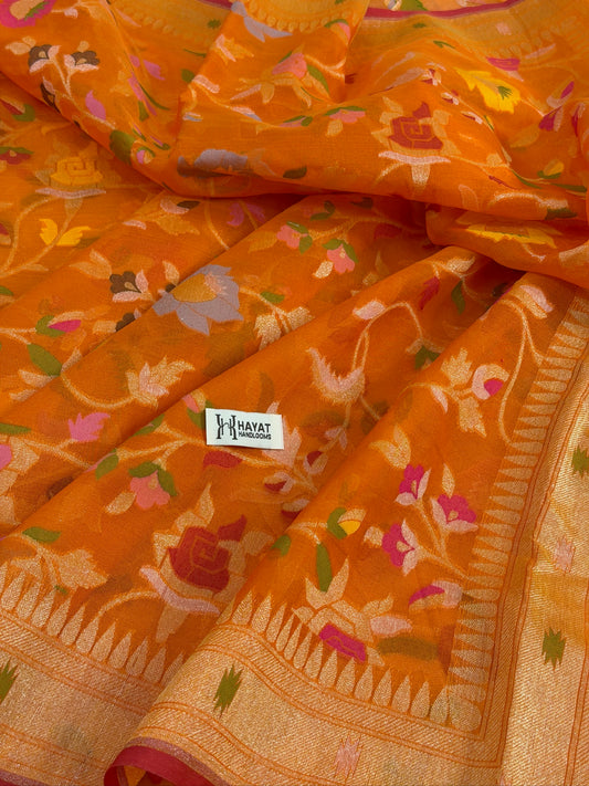 Orange Banarasi Kora Jamdani Silk Handwoven Saree