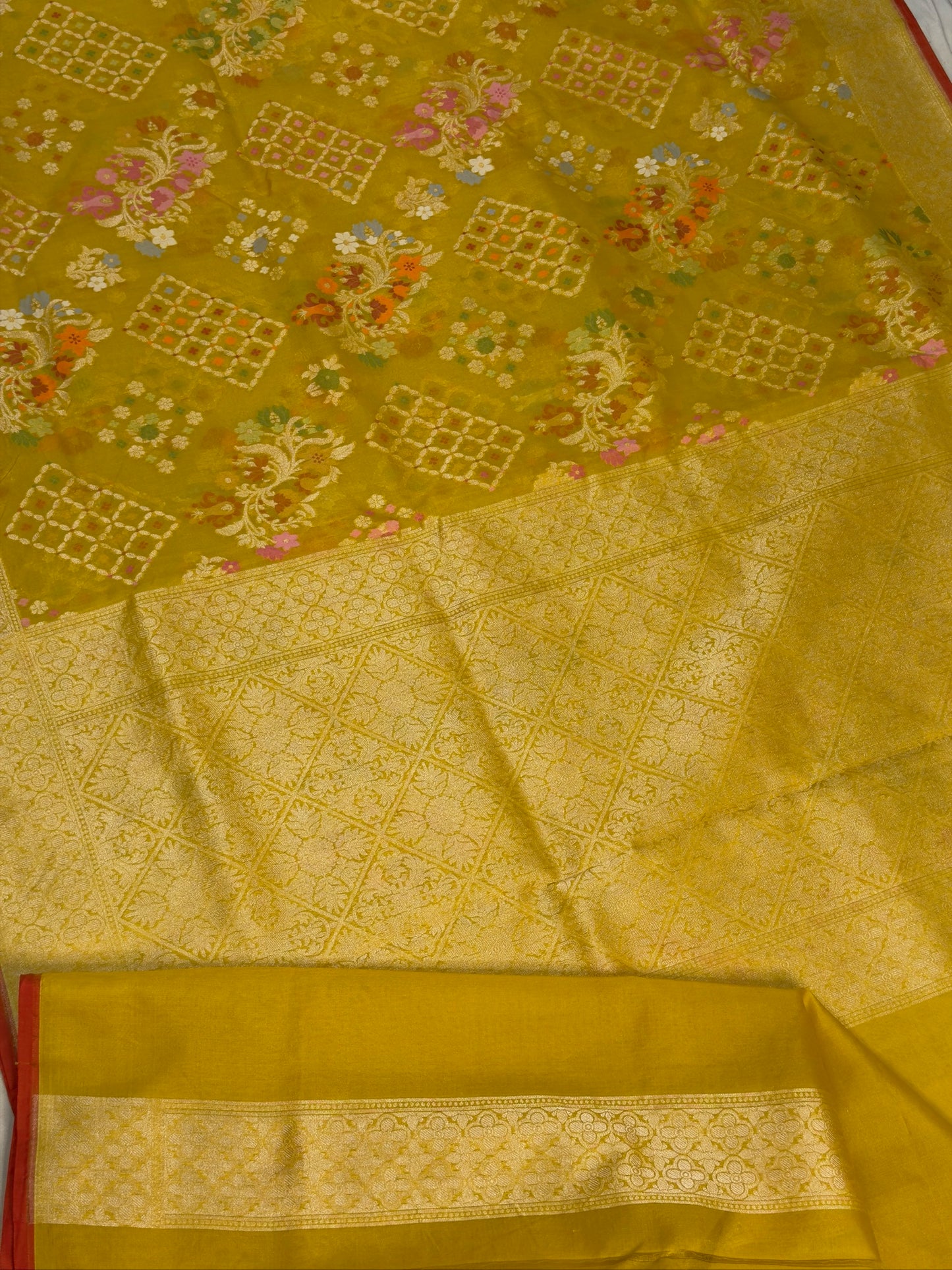 Golden Mustard Banarasi Kora Jamdani Silk Handwoven Saree