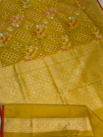 Golden Mustard Banarasi Kora Jamdani Silk Handwoven Saree