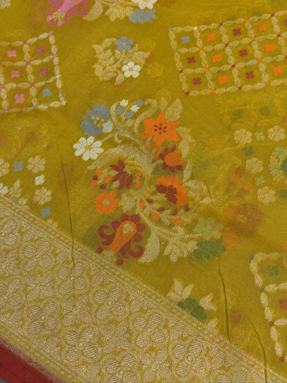 Golden Mustard Banarasi Kora Jamdani Silk Handwoven Saree