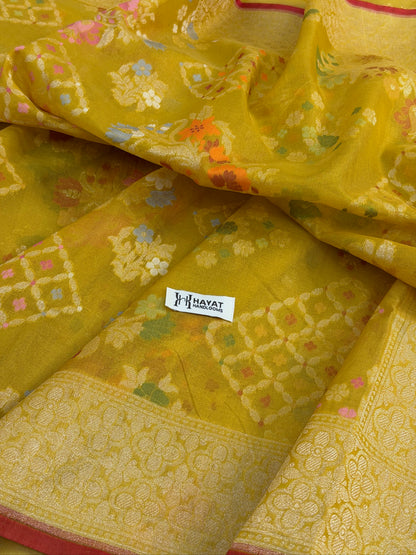 Golden Mustard Banarasi Kora Jamdani Silk Handwoven Saree
