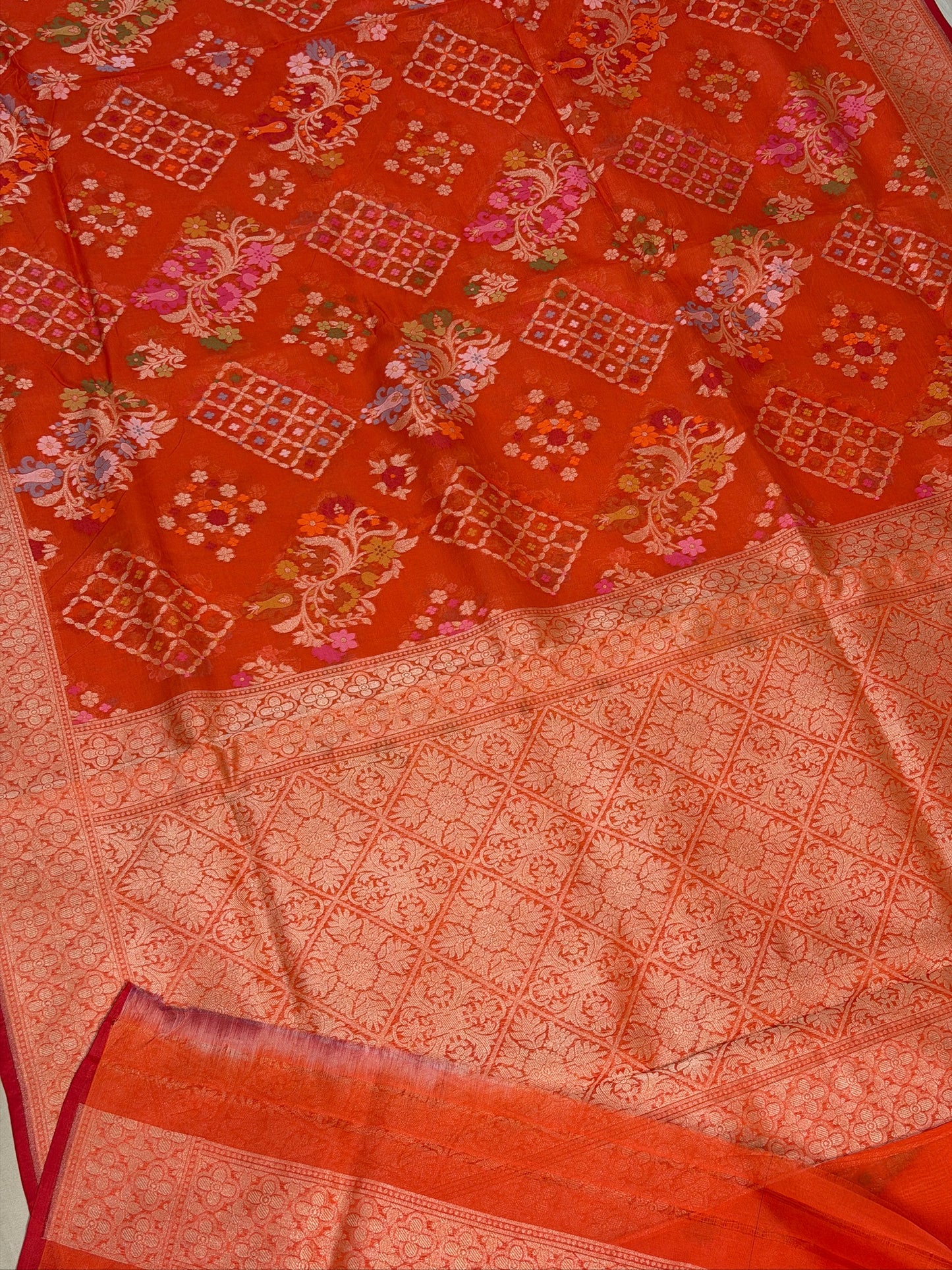 Rust Orange Banarasi Kora Jamdani Silk Handwoven Saree
