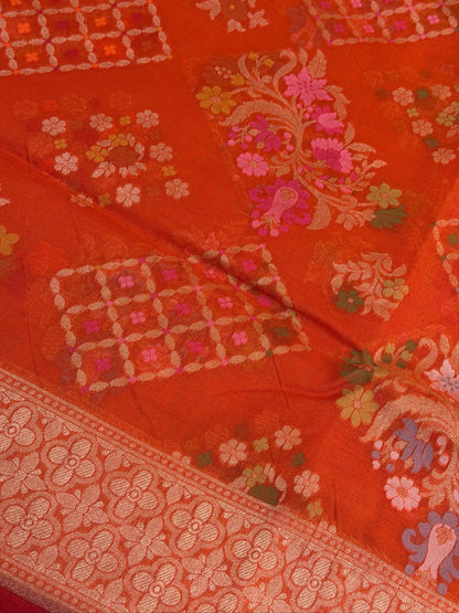 Rust Orange Banarasi Kora Jamdani Silk Handwoven Saree