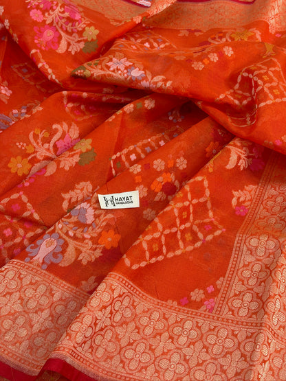 Rust Orange Banarasi Kora Jamdani Silk Handwoven Saree