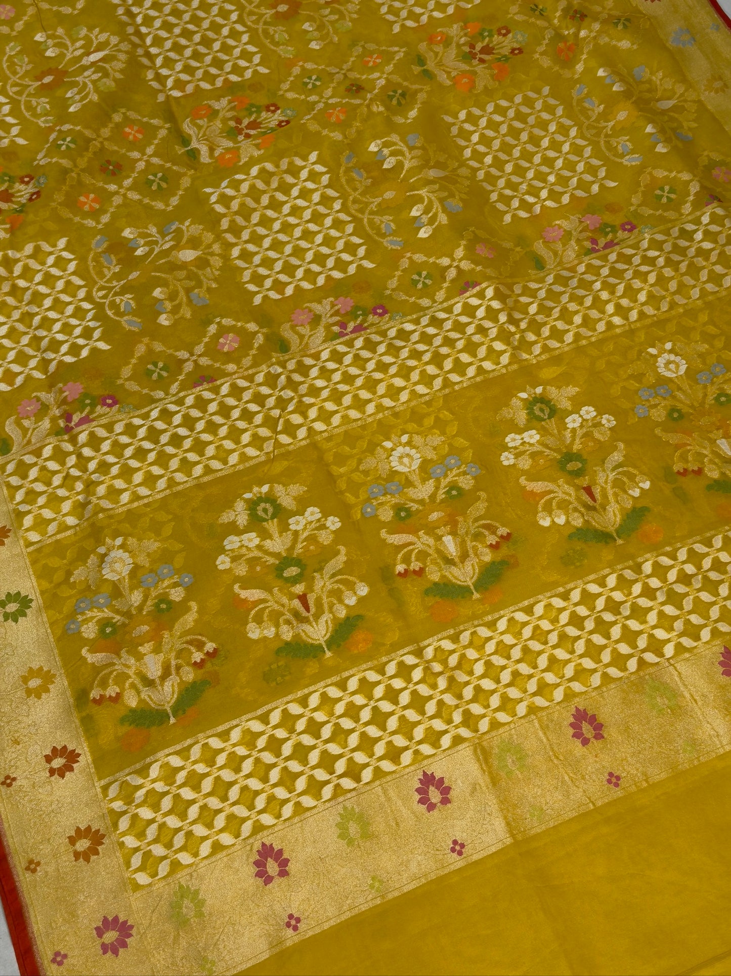 Golden Mustard Banarasi Kora Jamdani Silk Handwoven Saree