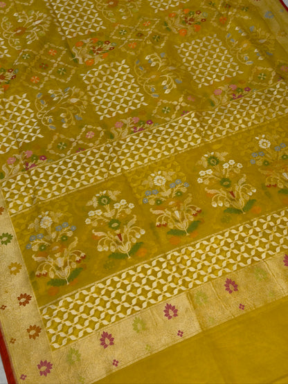 Golden Mustard Banarasi Kora Jamdani Silk Handwoven Saree